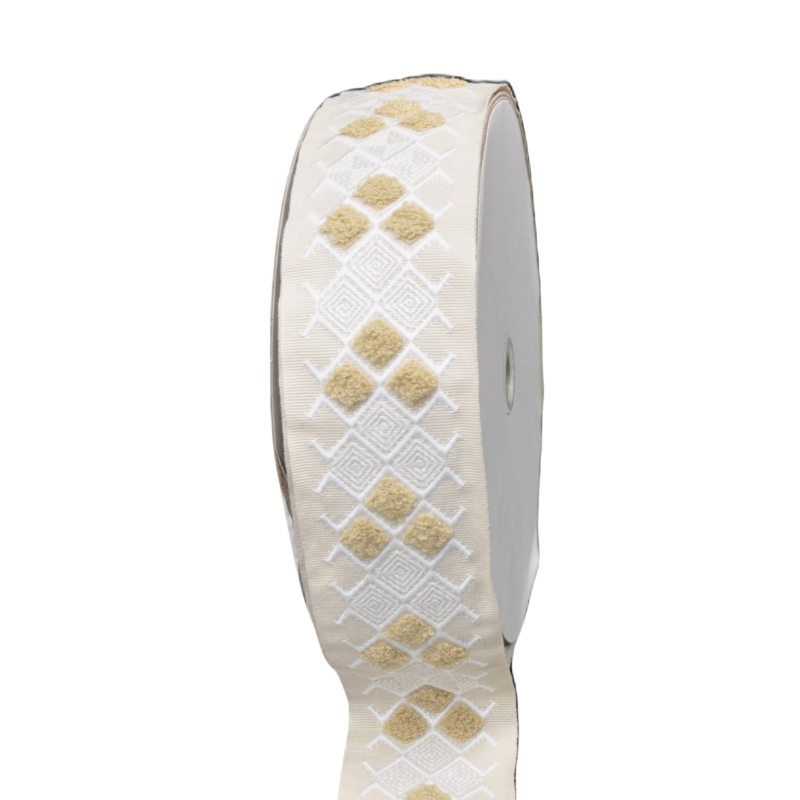 Belagio Enterprises 2-inch White & Beige Tufted Geometric Jacquard Tape – 25 Yard Roll for Upholstery, Drapery & Home Decor