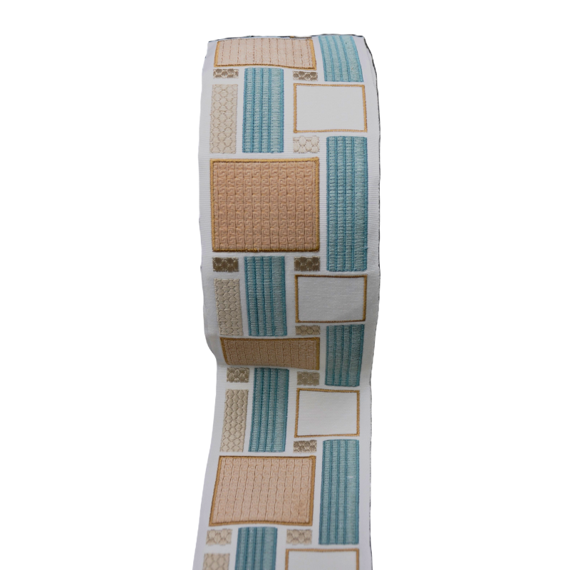 Belagio Enterprises 4-inch Teal Decorative Woven Jacquard Tape - Geometric Block Pattern - 25 Yard Roll for Upholstery, Drapery & Home Decor