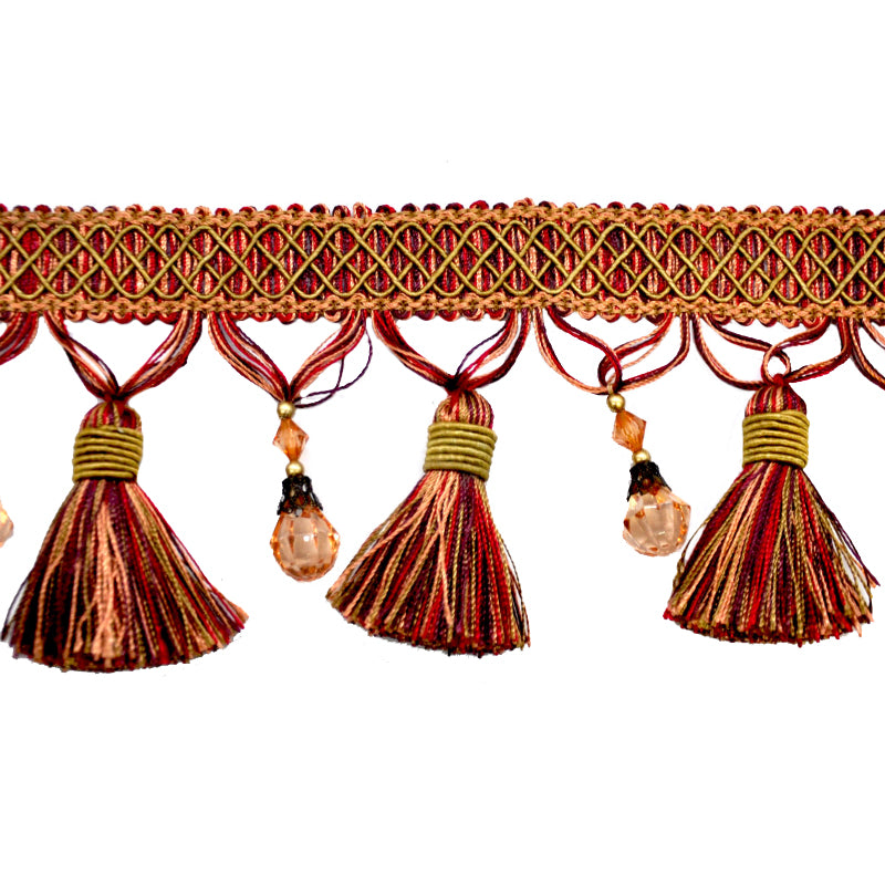 Paulette Collection - 4" width BEADED TASSEL FRINGE (25 Yard Roll) - BF-4027-17/09 Wine Red and Taupe