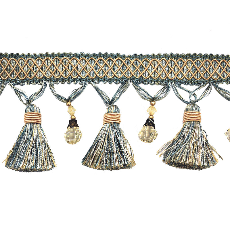 Paulette Collection - 4" width BEADED TASSEL FRINGE (25 Yard Roll) - BF-4027-33/82 Turquoise and Ivory