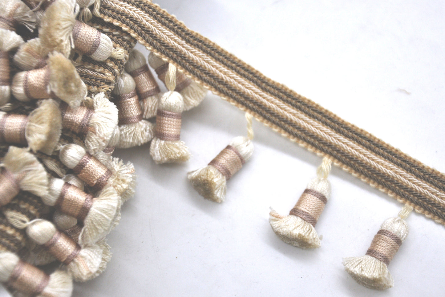 Godiva Collection - 2 1/2" length SMALL TASSEL FRINGE (25 Yard Roll) - BF-4099-28/66 Beige and Chocolate