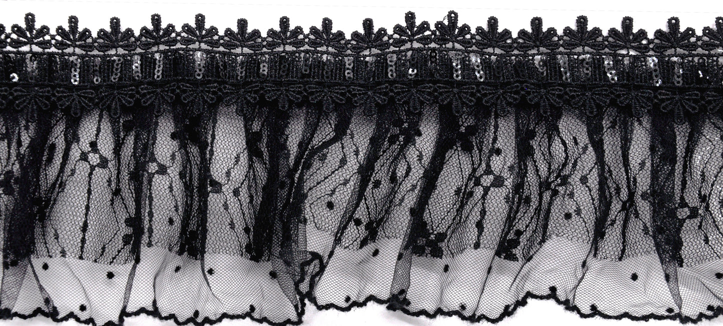 Belagio Enterprises - 3 1/2" Width Doubled Gathered Lace (10 Yard Roll) - BRL-802-02 Black