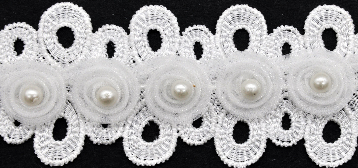 Belagio Enterprises - 1 3/4" Width Flower Lace Trim with Pearl (15 Yard Roll) - BTP-1804-27 White