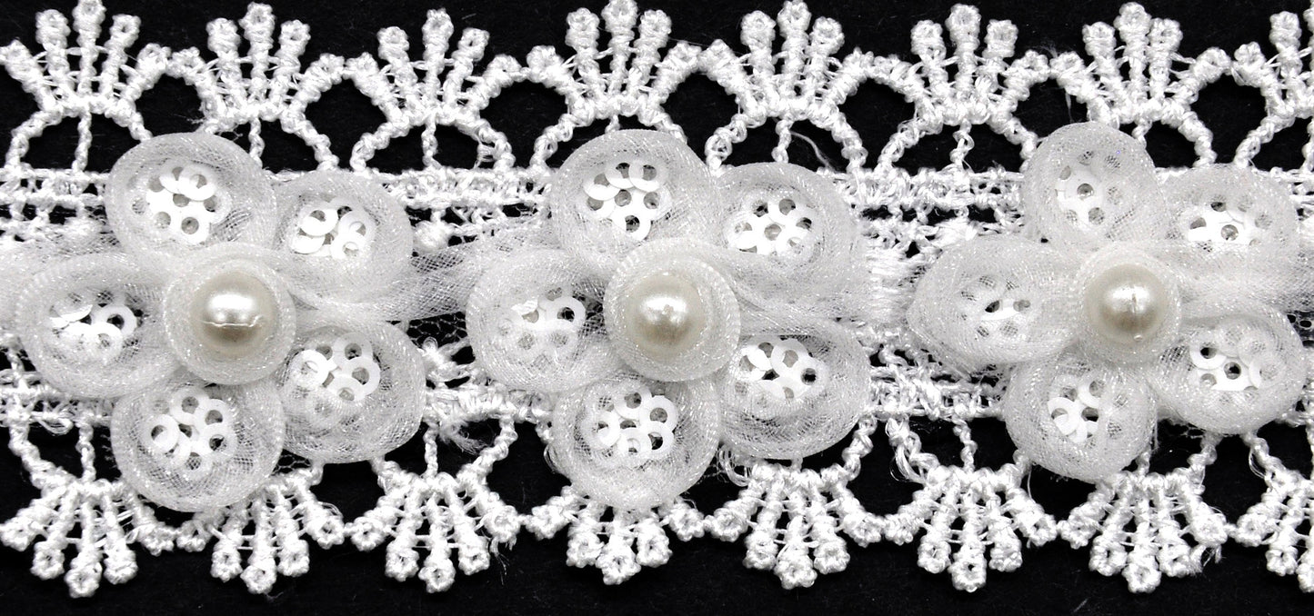 Belagio Enterprises - 2" Width Embossed Lace Trim with Pearls (15 Yard Roll) - BTP-1809-27 White