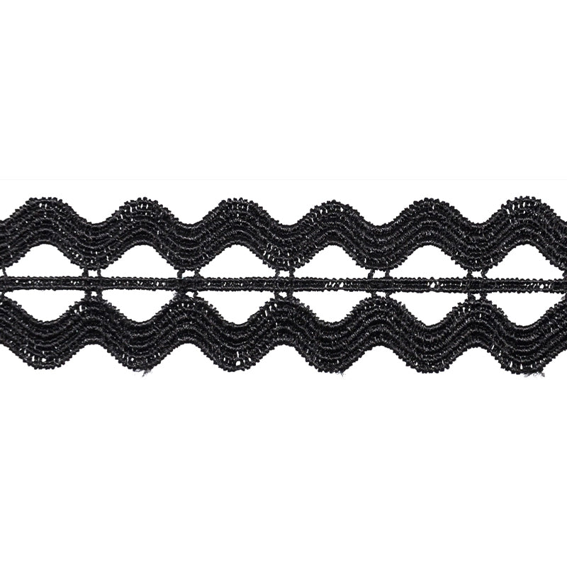 A close-up image of a black Venice lace trim with a double zigzag pattern.