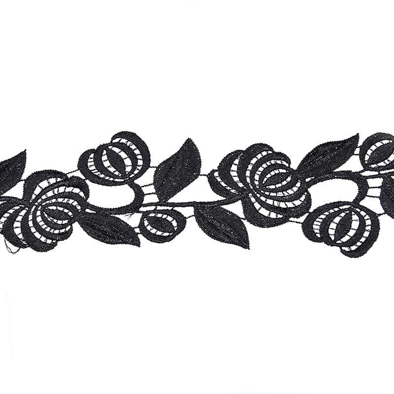 A strip of black Venice lace trim with a rose pattern on a white background.