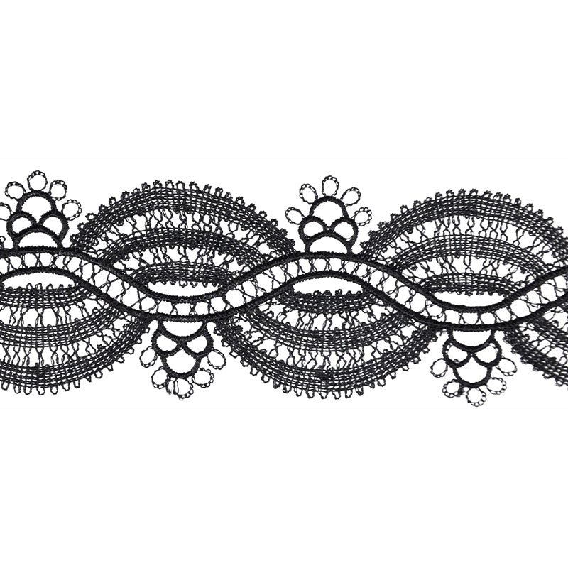 A 5-yard roll of black Venice lace trim with a 1 1/2-inch width.