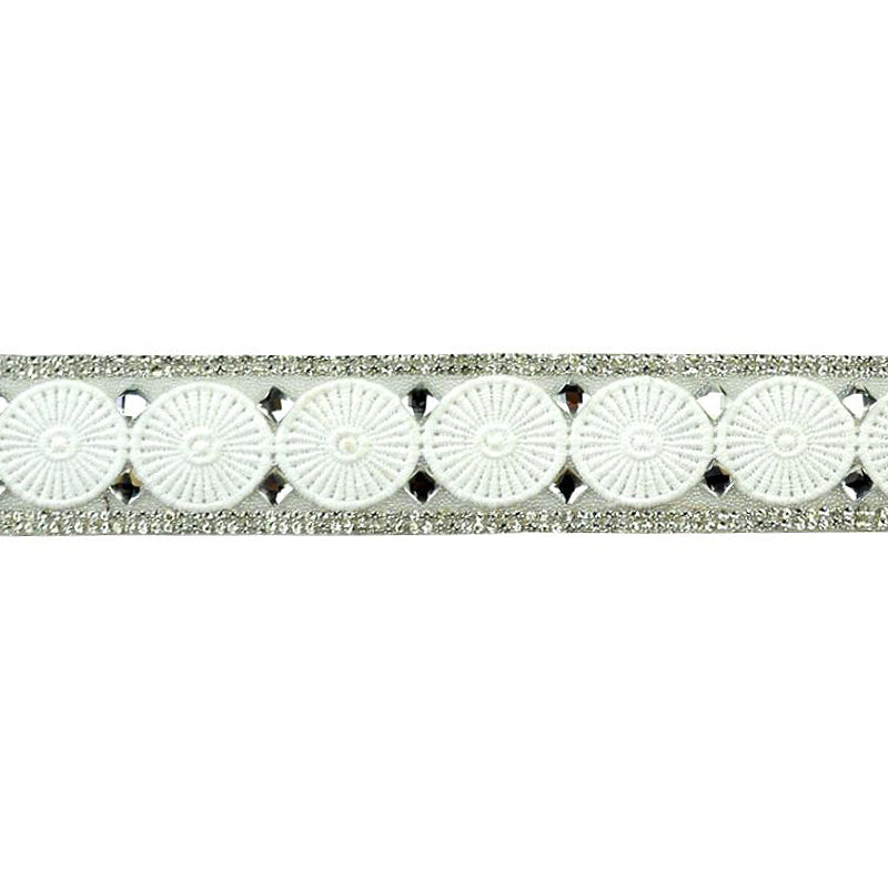 Iron-On Rhinestone Lace Trim - 1 1/2" Width (10 Yard Roll) - BR-7551-1 Silver/White