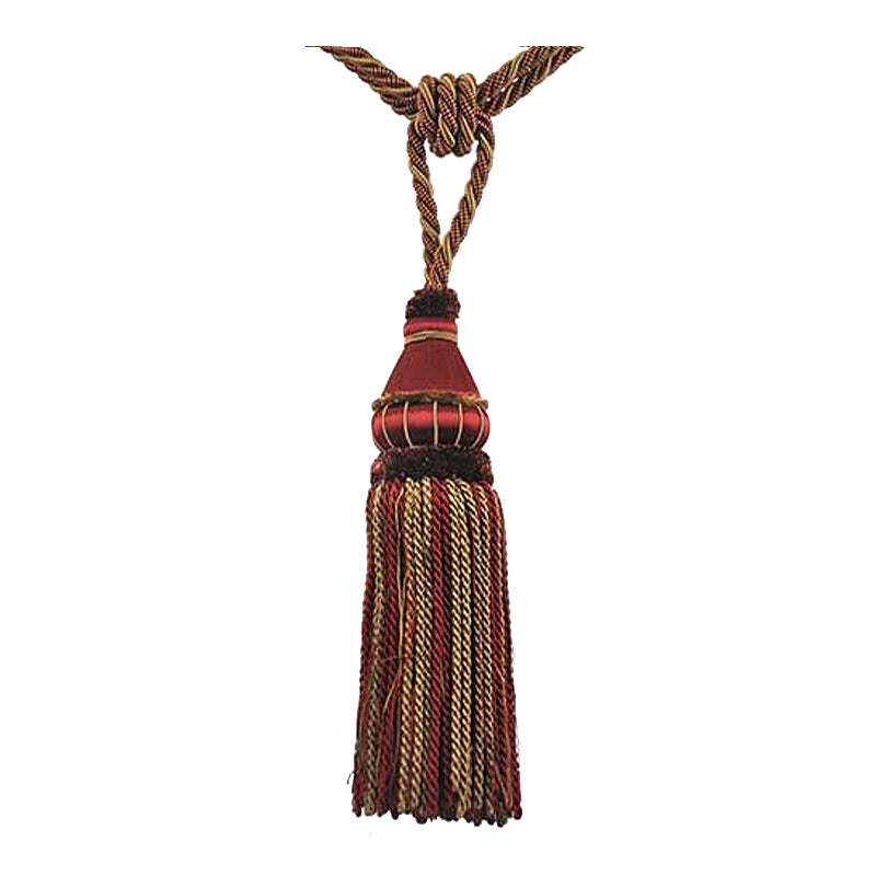 A single tassel tieback with plum and toffee colors, designed for window treatments.