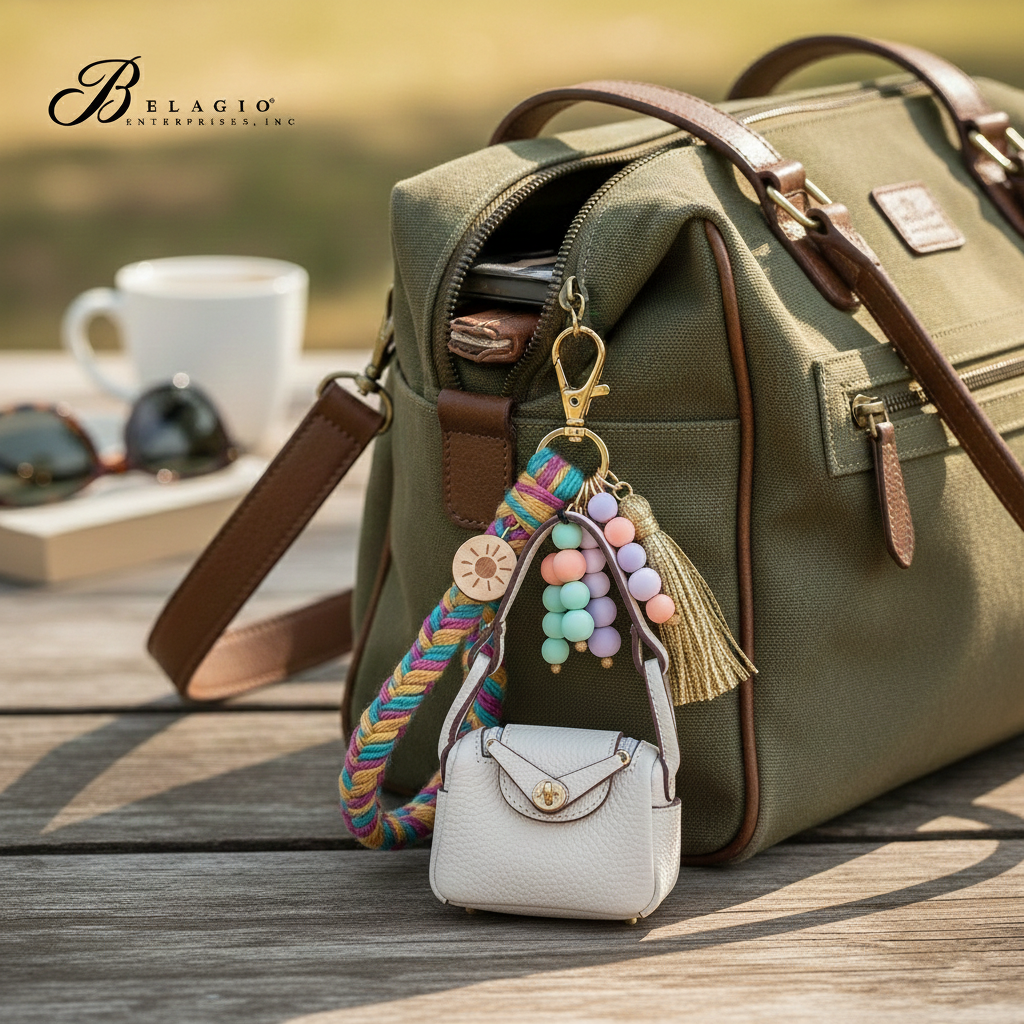 Belagio Enterprises Fashion Fobs – Mini Beige Leather Bag Keychain Accessory for Purses, Totes & Gifts (3" x 2.5")