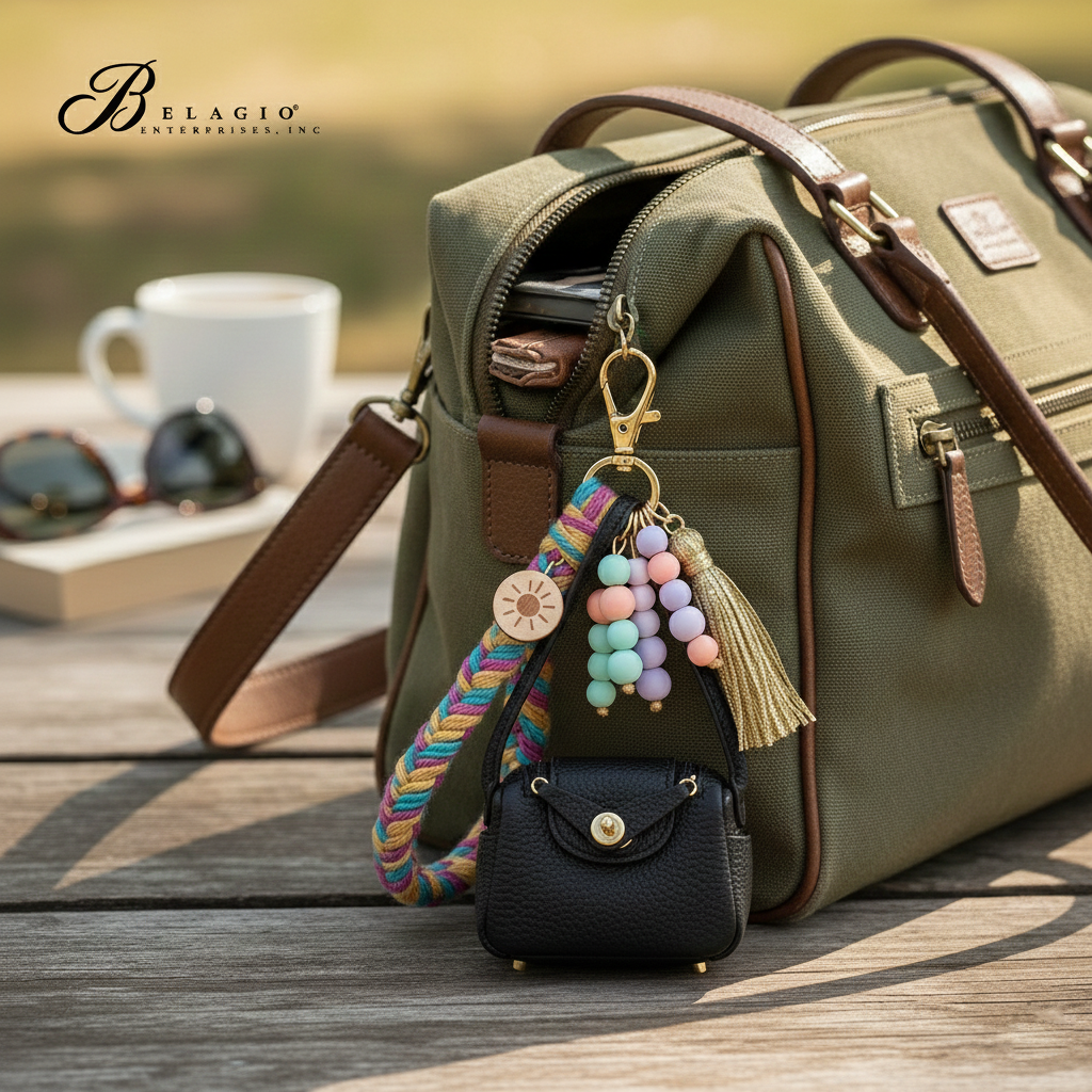 Belagio Enterprises Fashion Fobs – Mini Black Leather Bag Keychain Accessory for Purses, Totes & Gifts (3" x 2.5")