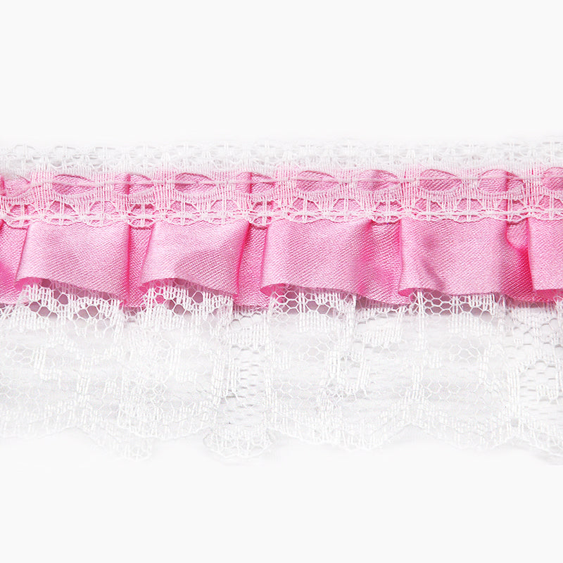 A 2-inch wide pink gathered lace with satin edge, displayed on a white background.