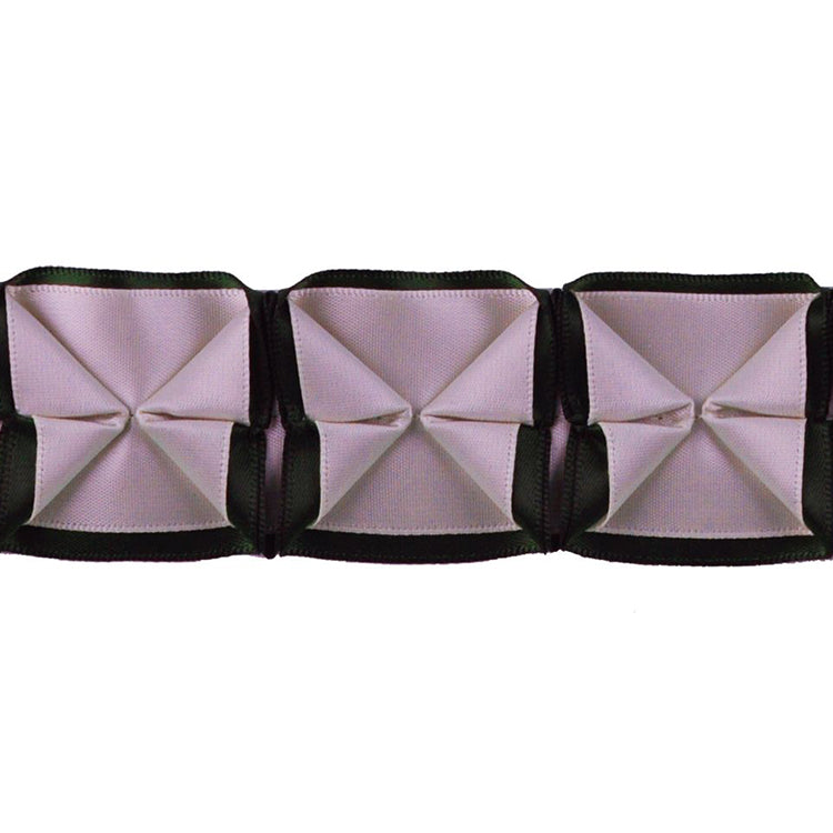 A spool of box pleated ribbon in shades of pink and chocolate brown.