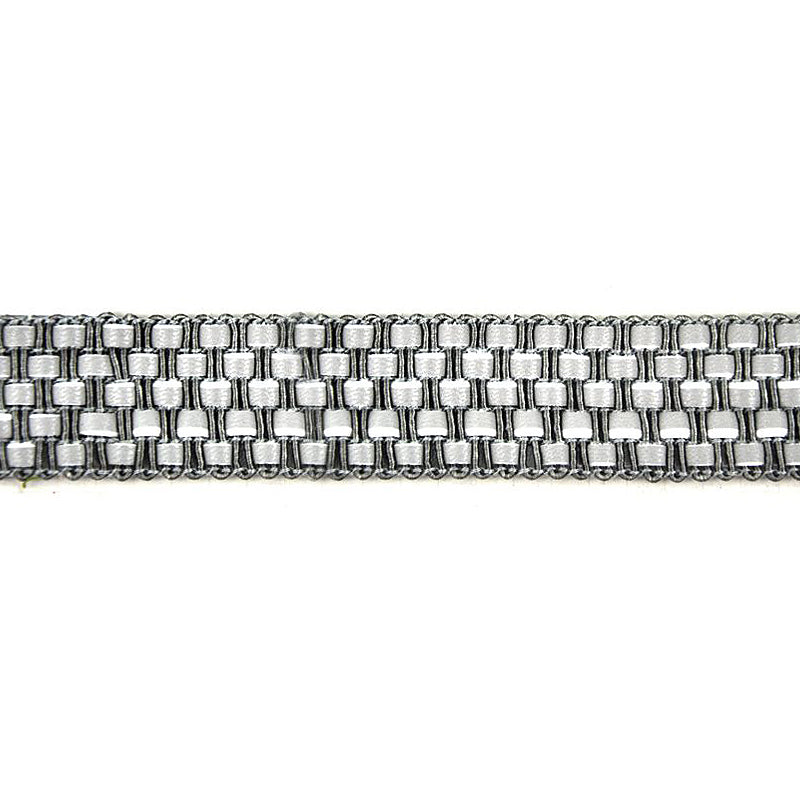 A close-up image of a faux leather braid with silver color, arranged in a pattern with visible texture and shine.