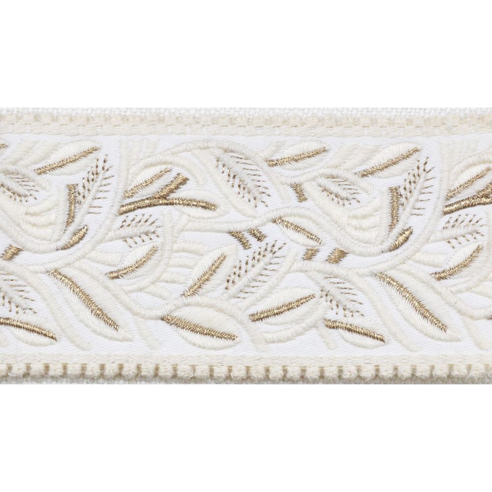 Textured leaf embroidered tape in ivory and gold, 2.5 inches