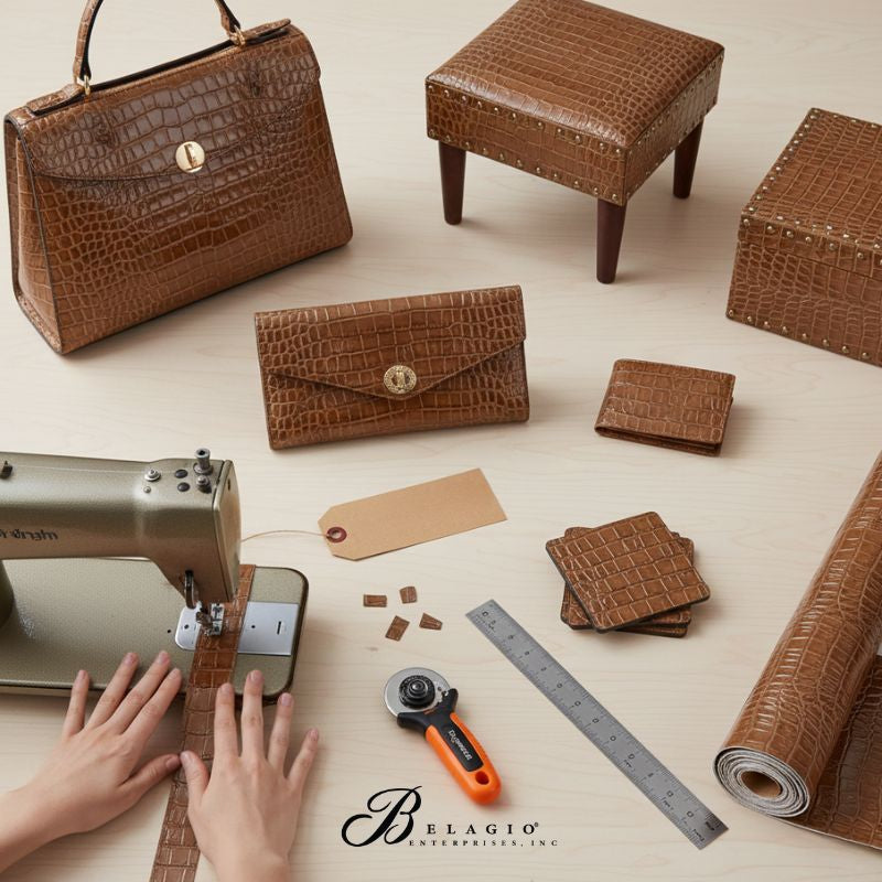 Belagio Enterprises 17" x 36" Faux Crocodile Vinyl Fabric – Embossed Toffee Vegan Leather for Handbags, Upholstery & DIY Crafts