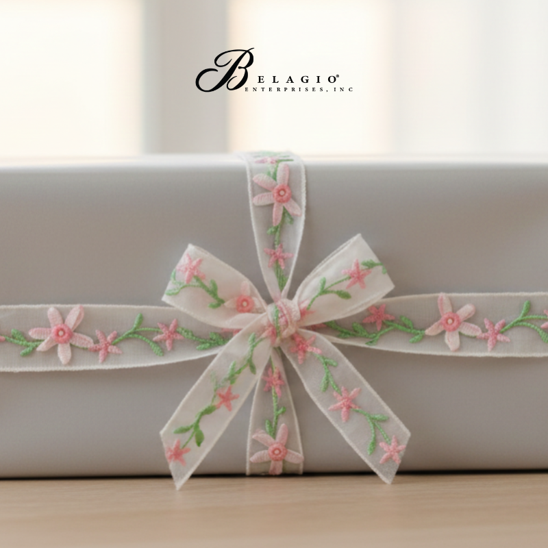 Belagio Enterprises White & Pink 3D Floral Embroidered Organza Trim - Sheer Lace Appliqué with Grosgrain Ribbon Flowers for Crafts & DIY Décor (1.5" Wide, 9–11 Yards)