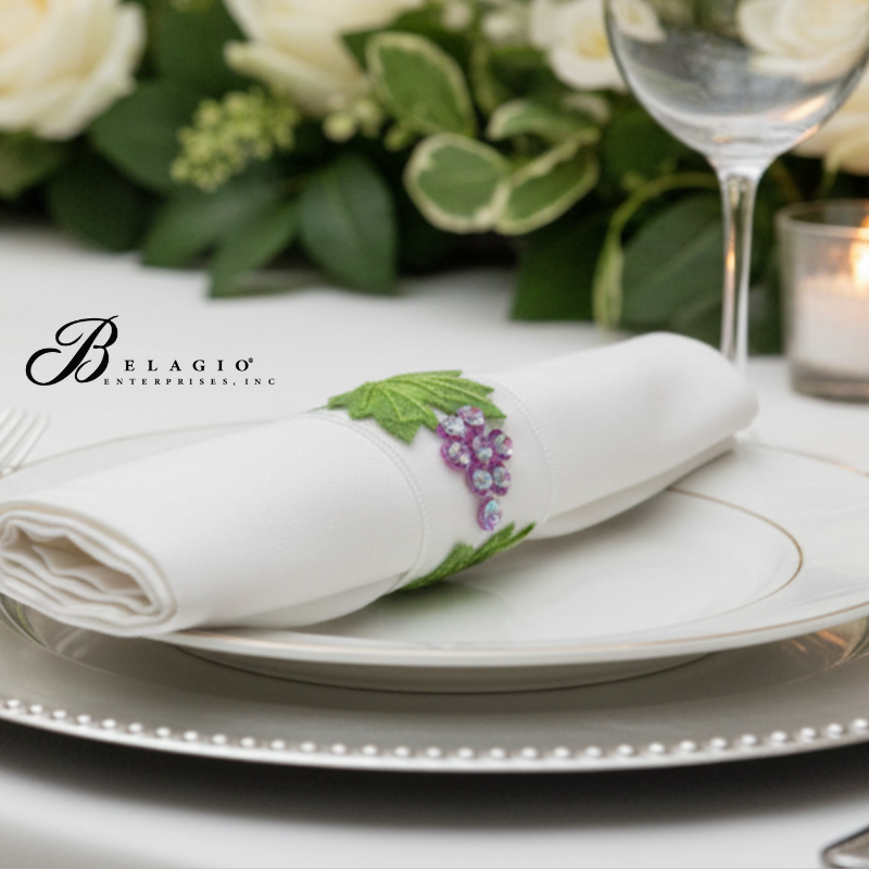 Belagio Enterprises White Organza Trim with Grape Vine Embroidery – 3D Leaves & Sequin Grapes Ribbon for Sewing, Crafts & Décor (1.5" Wide, 9–11 Yards)