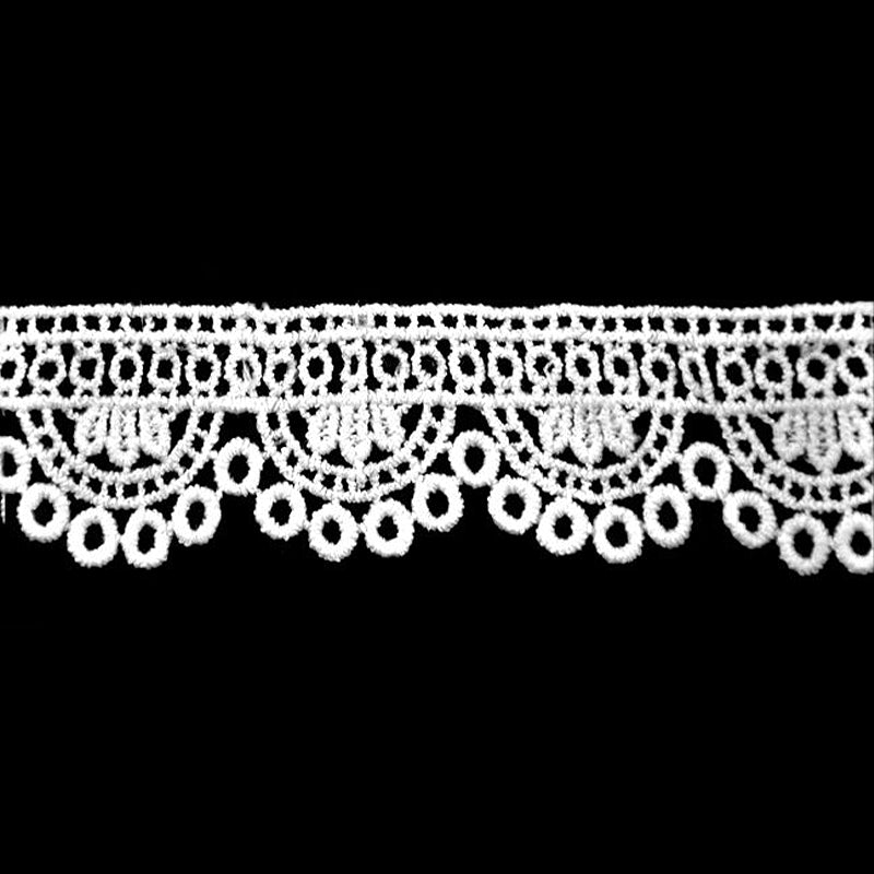 A white Venice lace trim with a 1 inch width, featuring a series of connected loops and points.