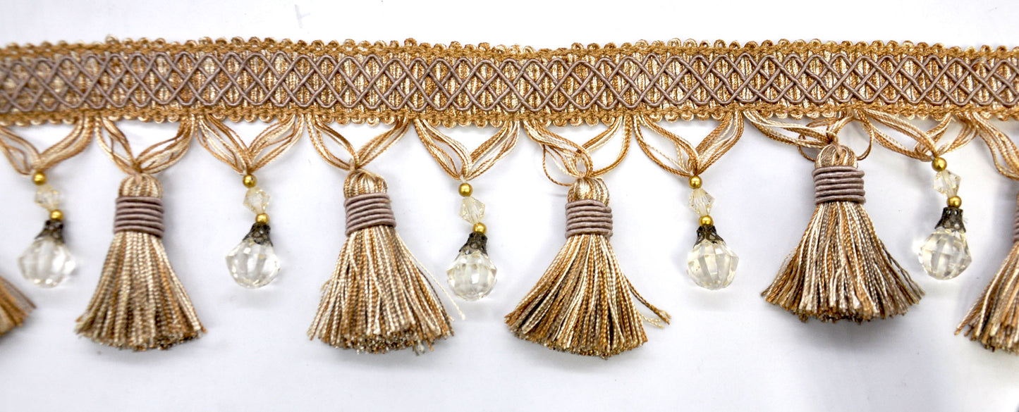 Paulette Collection - 4" width BEADED TASSEL FRINGE (25 Yard Roll) - BF-4027-16/36 Gold and Taupe