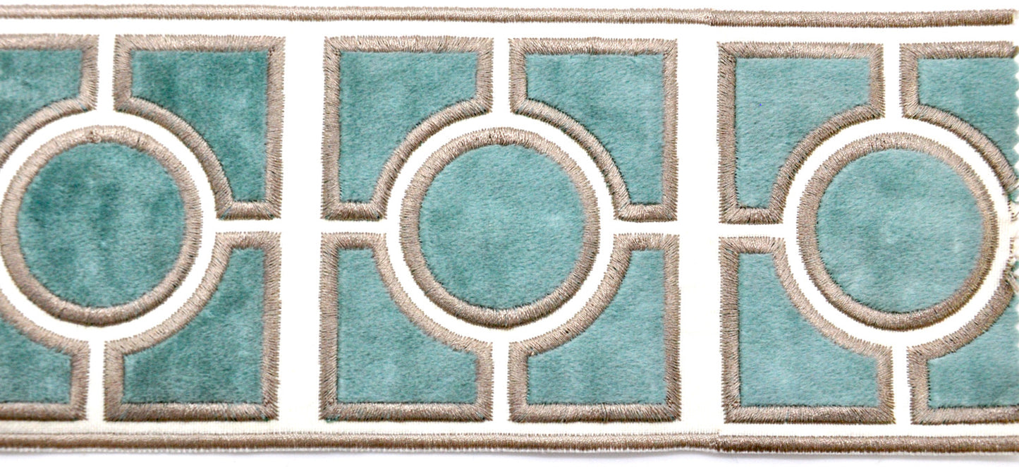 Velvet Embossed Decorative Trim Tape - 4" Width (23-30 Yard Roll) - BR-7336-33 Turquoise/Beige