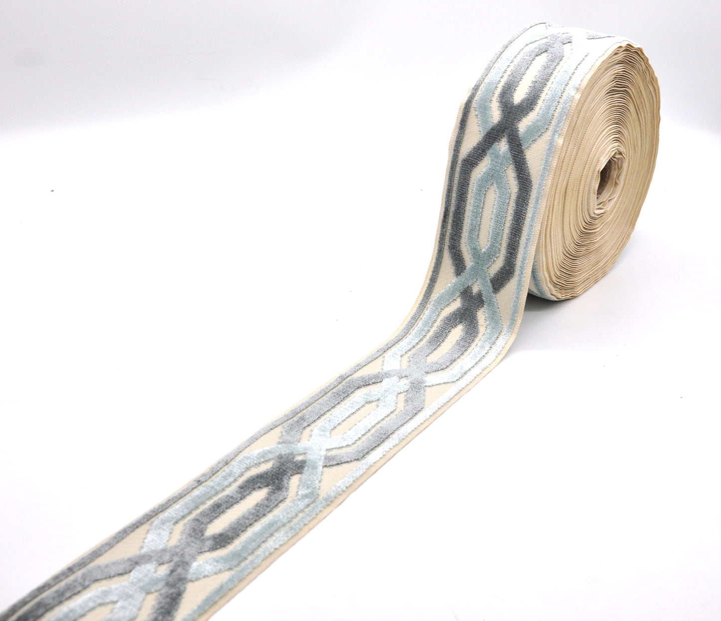 Decorative Chenille Trim Tape - 3 1/2" Width (25 Yard Roll) - BR-7524-03/11 Grey/Light Blue