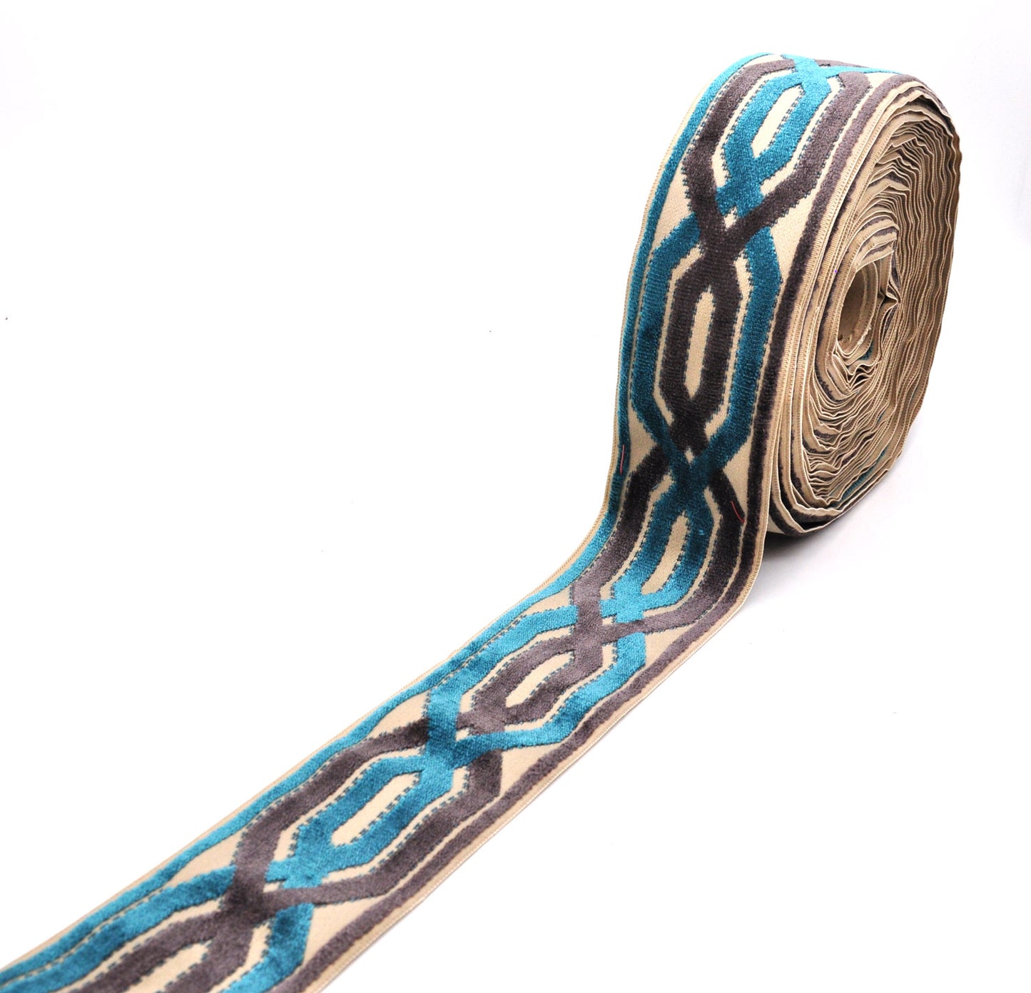 Decorative Chenille Trim Tape - 3 1/2" Width (25 Yard Roll) - BR-7524-23/49 Turquoise/Dark Grey