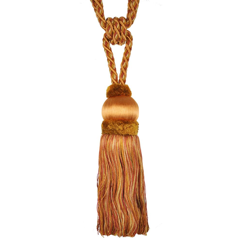 A single tassel tieback with a combination of dark brick and mocha colors.