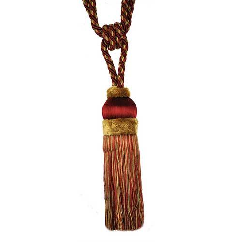 A single tassel tieback with dark brick and bronze color, featuring a silky tassel and a braided cord.