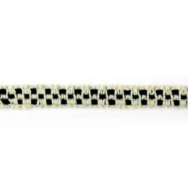 A close-up of a black and white denim trim with a checkered pattern.