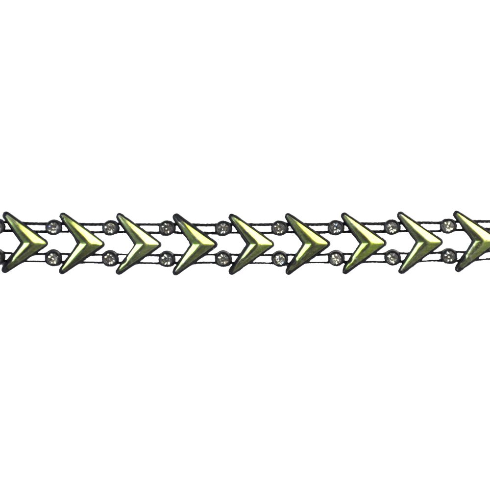 A roll of mint green rhinestone trim with a zigzag pattern and rhinestone embellishments.