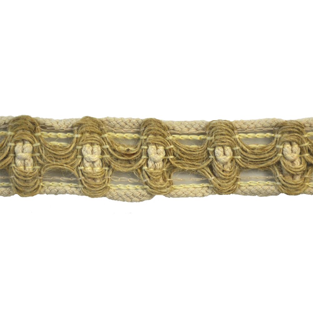 A close-up image of a beige and natural color jute braid trim with a looped and braided design.