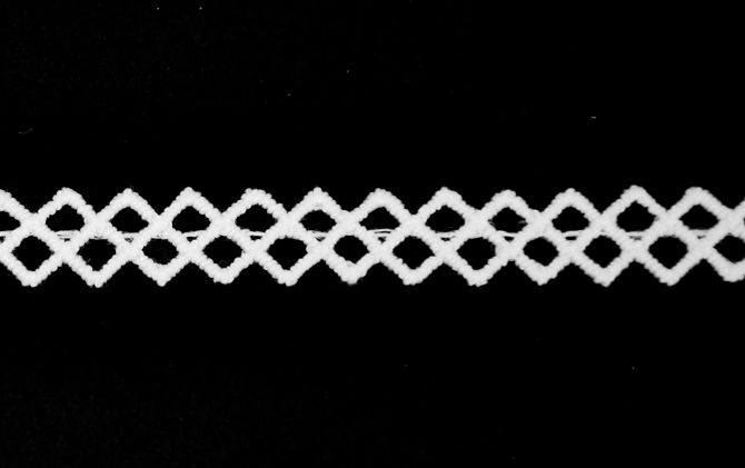 A close-up of a white Venice lace trim with a zigzag pattern against a black background.