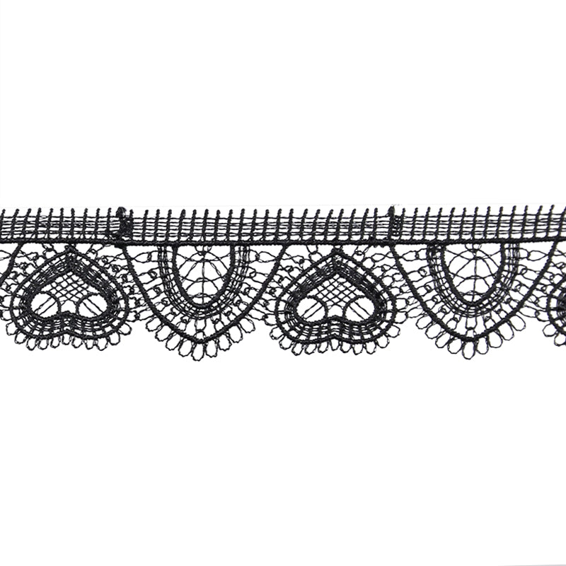 A black Venice lace trim with a 1 inch width, featuring intricate floral and geometric designs.