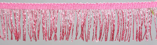 A 2-inch wide pink metallic chainette fringe trim.