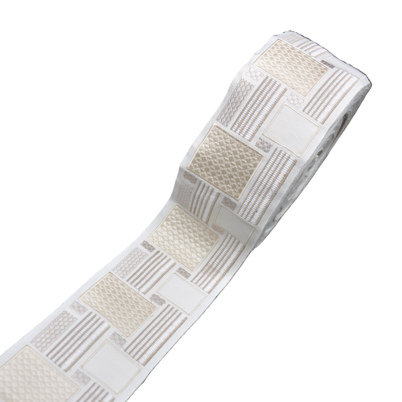 Belagio Enterprises 4-inch Beige Decorative Woven Jacquard Tape - Geometric Block Pattern - 25 Yard Roll for Upholstery, Drapery & Home Decor