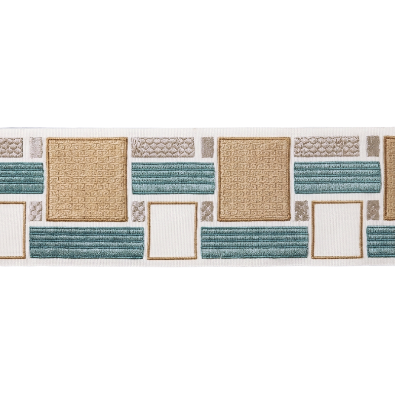 Belagio Enterprises 4-inch Teal Decorative Woven Jacquard Tape - Geometric Block Pattern - 25 Yard Roll for Upholstery, Drapery & Home Decor