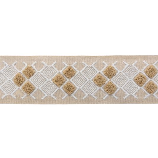 Belagio Enterprises 2-inch White & Beige Tufted Geometric Jacquard Tape  – 25 Yard Roll for Upholstery, Drapery & Home Decor
