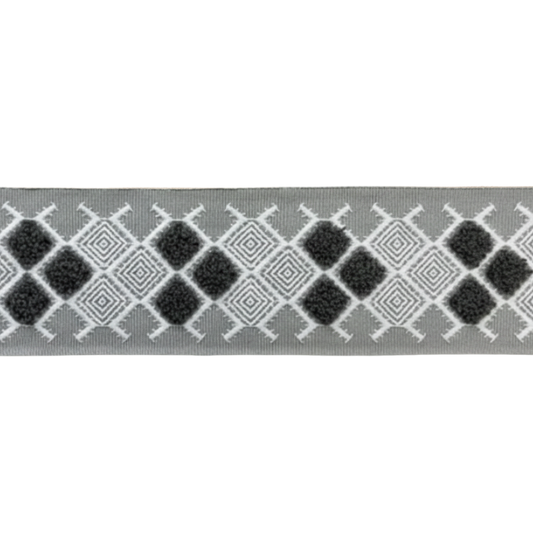 Belagio Enterprises 2-inch White & Dark Grey Tufted Geometric Jacquard Tape  – 25 Yard Roll for Upholstery, Drapery & Home Decor