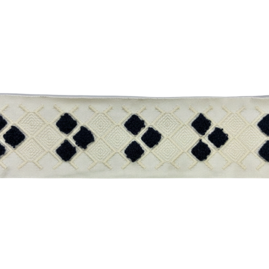 Belagio Enterprises 2-inch Ivory & Navy Blue Tufted Geometric Jacquard Tape  – 25 Yard Roll for Upholstery, Drapery & Home Decor