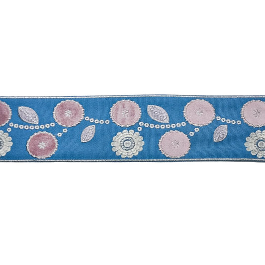 Belagio Enterprises 3 1/4-inch Light Blue Floral Embroidered Jacquard Ribbon Trim – 25 Yard Roll