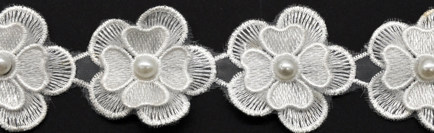 Wide White Flower Lace Trim with Pearl - 2 Inch - BTP-1803-27 WHITE