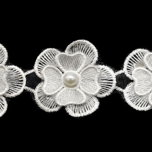 Wide White Flower Lace Trim with Pearl - 2 Inch - BTP-1803-27 WHITE