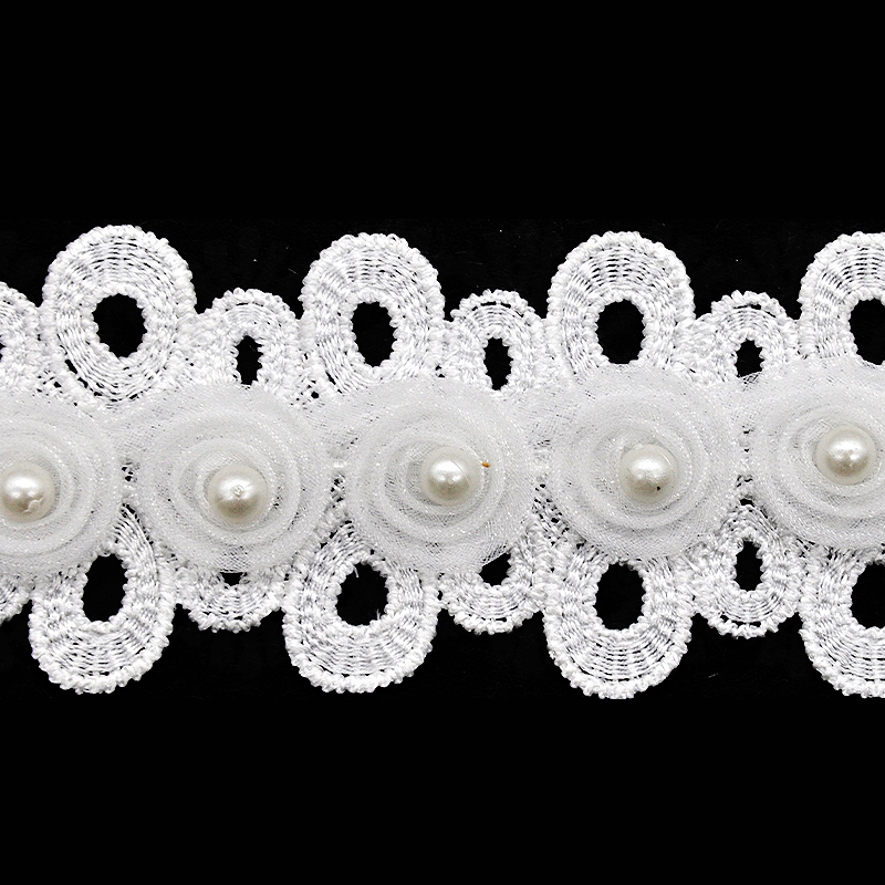 Wide White Flower Lace Trim with Pearl - 1 3/4  Inch - BTP-1804-27 WHITE