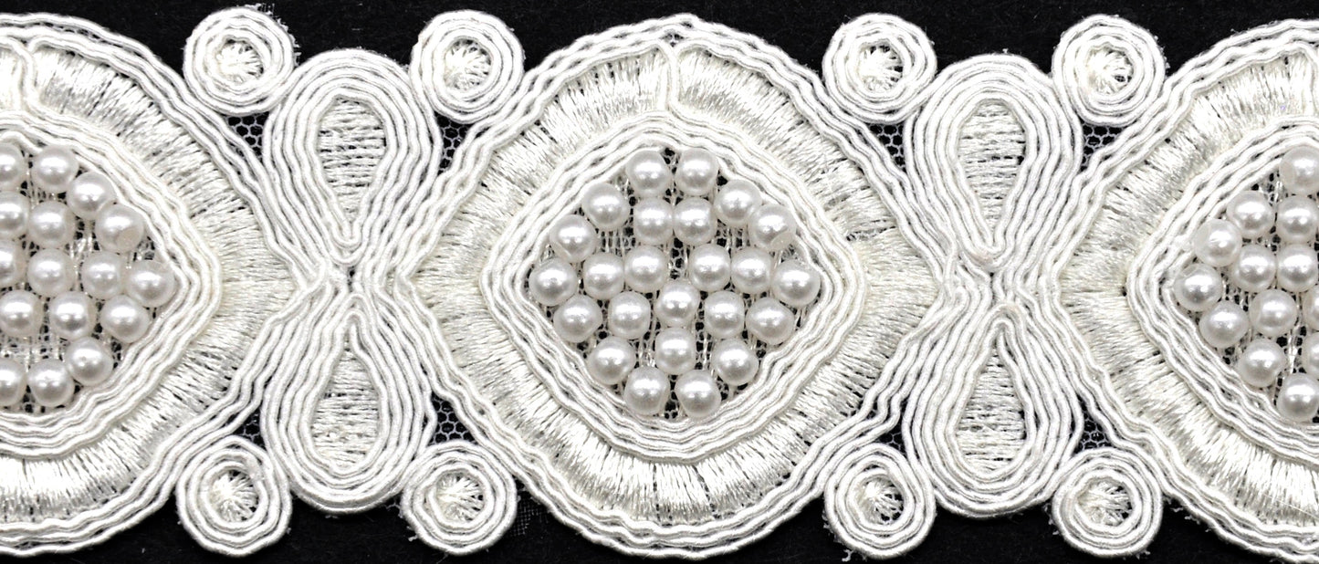Wide White Embroidered Lace Trim with Pearls - 1 3/4  Inch - BTP-1807-27 WHITE