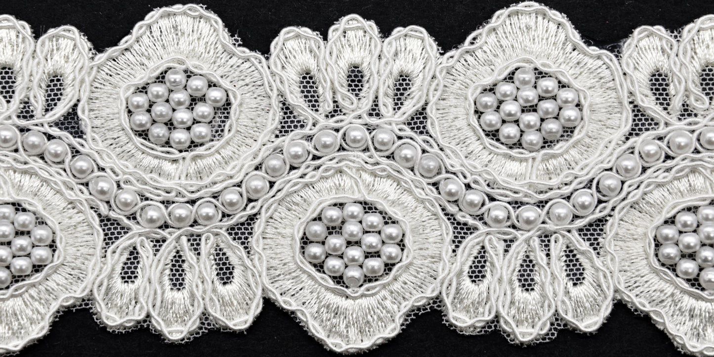 Wide White Embroidered Lace Trim with Pearls - 2 1/2  Inch - BTP-1808-27  WHITE