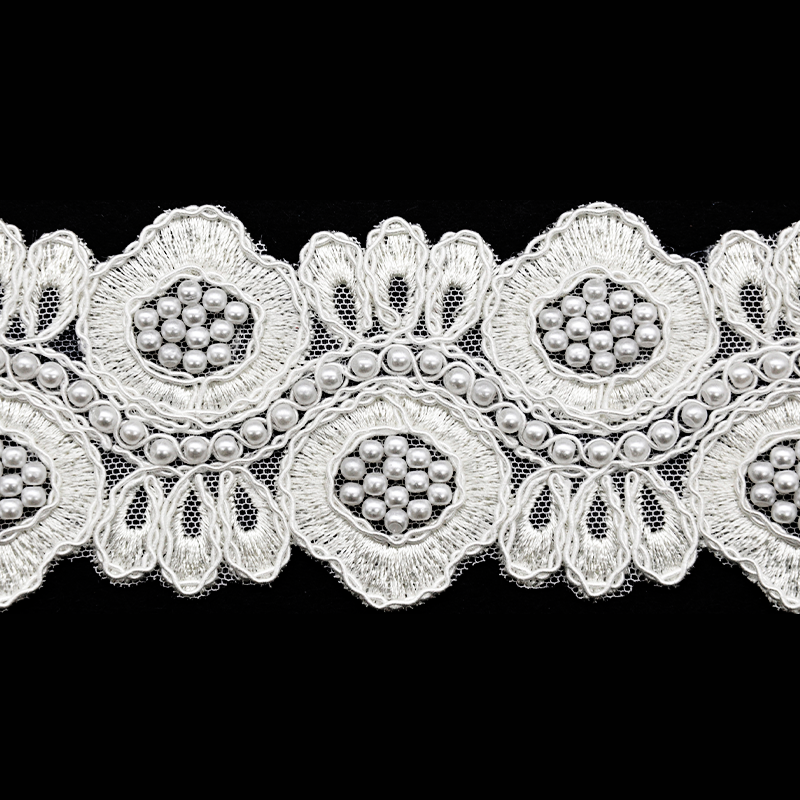 Wide White Embroidered Lace Trim with Pearls - 2 1/2  Inch - BTP-1808-27  WHITE