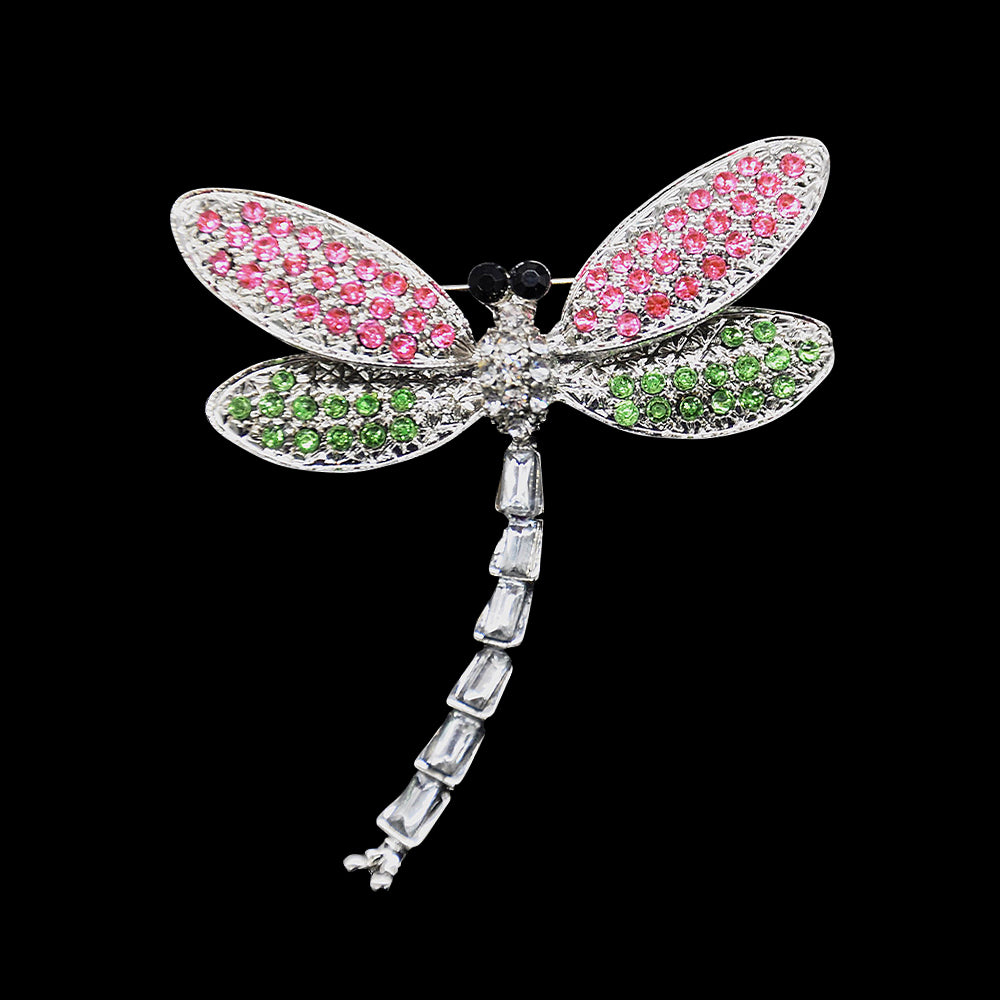 Rhinestone Brooch - 2" Pin-on Dragonfly - BW-171 Pink/Green