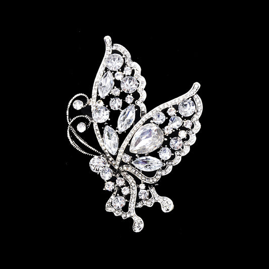 Rhinestone Brooch - 3 1/4" Pin-on Butterfly with Rhinestones - BW-173 Silver