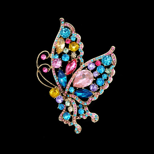 Rhinestone Brooch - 3 1/4" Pin-on Butterfly with Rhinestones - BW-174 Multi Colored